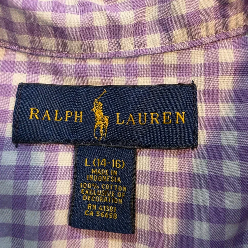 Ralph Lauren Button Down Boys L 14-16 Purple Gingham Excellent Long Sleeve Shirt